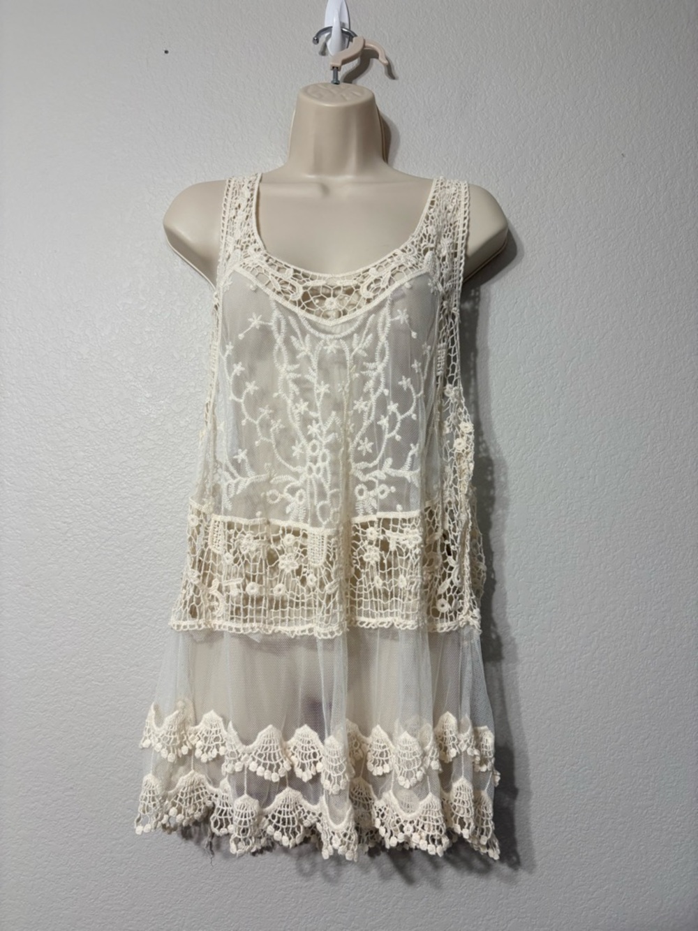 Ivory Crochet Lace Mesh Sleeveless Halter Boho Beach Coverup